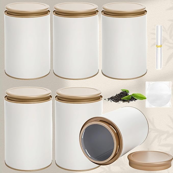 6 Pack Tea Tins Canister for Loose Tea, 23 Fl OZ Airtight Round Tin with Lid, Large Metal Tea Storage Jars, White Kitchen Containers for Travel Business Coffee Sugar Candy Spices Herbs