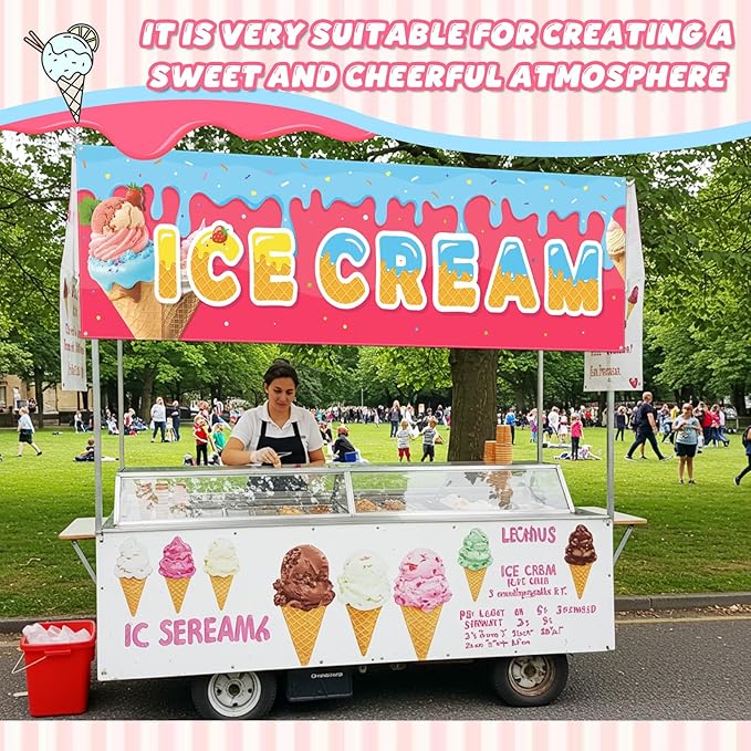 Tegeme Ice Cream Banners Sign 3 x 10 ft/ 36 x 120 Inches Ice Cream Flag Oxford Fabric Banners with 10 Holes for Business Store Outside
