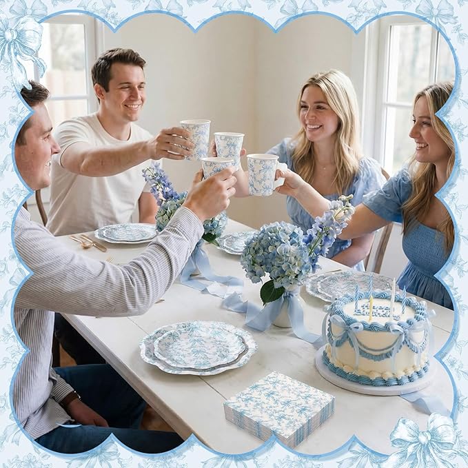 Pickmesh 252 Pcs Blue Bow Floral Tea Party Supplies for 36 Guests Flower Paper Disposable Dinnerware Flower Teacup with Handle and Saucers Set for Tea Party Decorations Birthday Baby Shower Wedding