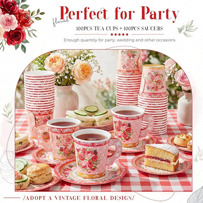 Nuogo 200 Pcs Floral Paper Tea Cups and Saucers 7 oz Disposable Tea Party Decorations Vintage Cute Paper Cups and Plates with Handles for Girls Wedding Baby Bridal Shower, Serve 100(Red)