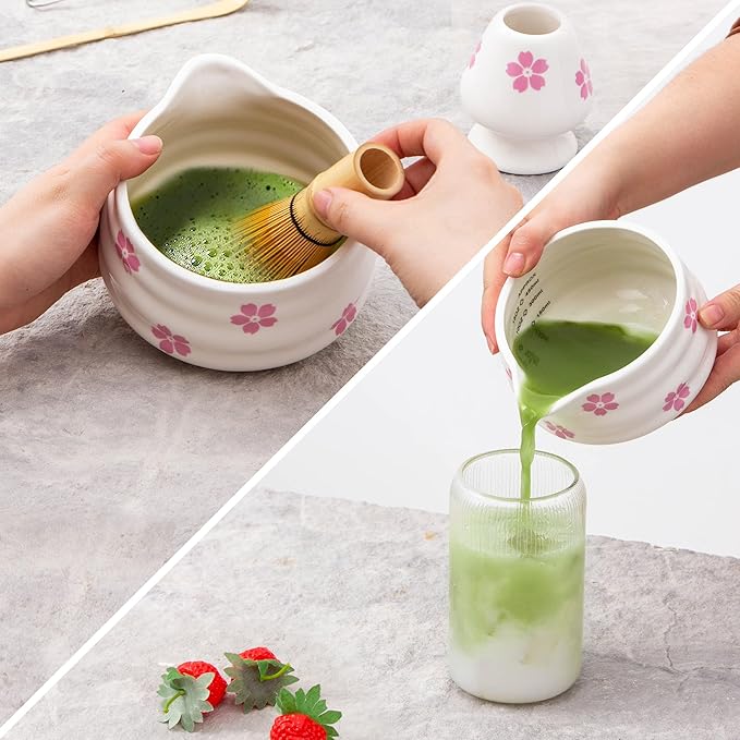 5pcs Premium Matcha Set,Ceramic Bowl with Spout and Bamboo Whisk set, Cherry Blossom Matcha Kit for breakfast/latte,Tea Starter Making Kit,Cute Matcha Gift set (sakura)