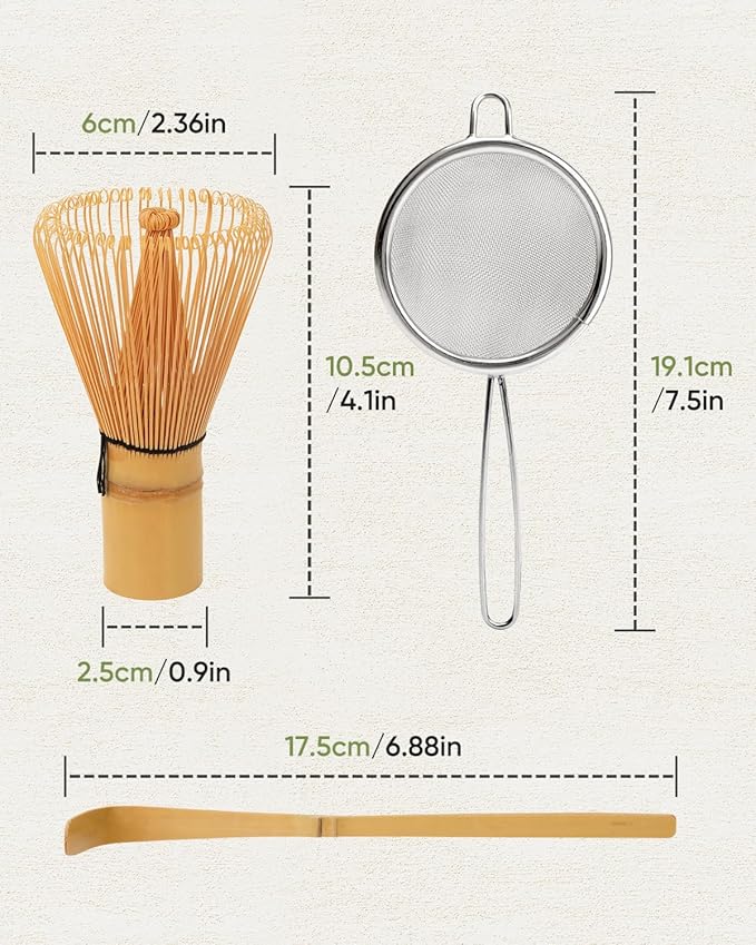 Matcha Whisk Set, Bamboo Whisk (Chasen), Scoop (Chashaku) & Stainless Steel Sifter, 3-PC Replacement Tool Kit for Matcha Tea Making