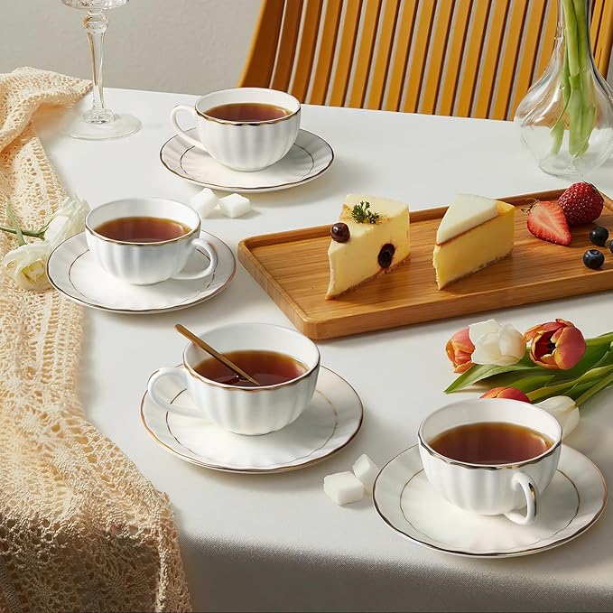 IQCWOOD Tea Cup and Saucers Set of 4(6.09oz), Bone China Tea Cups with Gold Trim, White Teacup for Tea, Milk, Latte, Mocha, Espresso, Dishwasher Safe, for Party Cafe Home