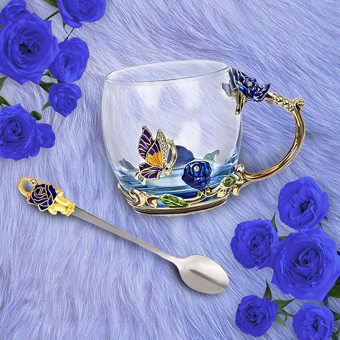 Flower Tea Cup,Butterfly Rose Clear Glass Fancy Coffee Mug with Spoon,Gift Box for Her Mom Wife Grandma Girls Women Christmas Birthday Present Idea for Juice,Hot And Cold Drinks Use