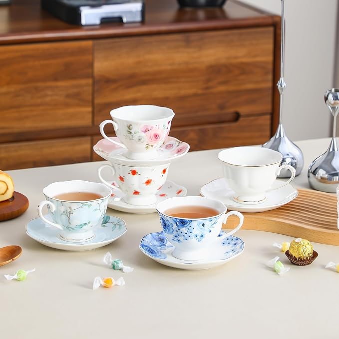 Floral Porcelain Tea Cup Set of 6 (12-Piece), 6 Cups & 6 Saucers with Rose Pattern, 6oz Scalloped Edge Coffee Cups, Dishwasher & Microwave Safe, Elegant Gift