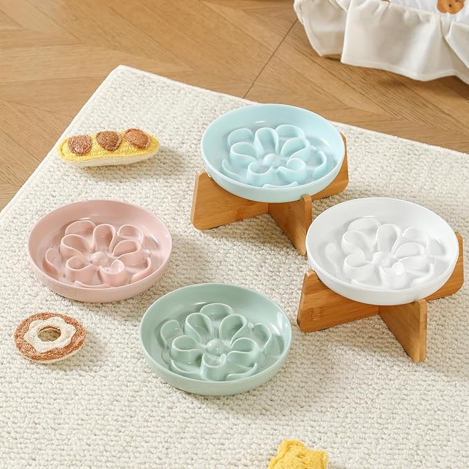 Elevated Slow Feeder Cat Bowls - 2 Ceramic Dishes with 1 Bamboo Stand - Whisker Friendly Shallow Maze Plates for Slower Eating - White & Blue