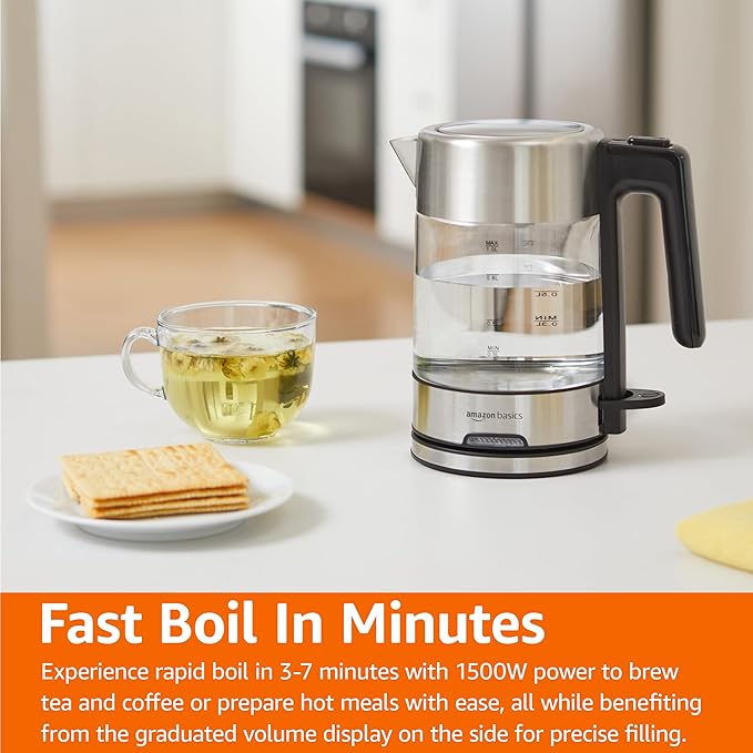 Amazon Basics Electric Kettle with Glass Carafe for Tea and Coffee, Fast Boiling, Auto Shut-Off, Boil-Dry Protection, Temperature Control, Removable Filter, 1 Liter, 1500W, BPA-Free