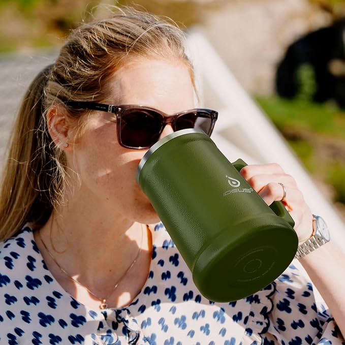 Ideus Insulated Beer Stein, 24/32oz Stainless Steel Double Walled Beer Mug Giant Bar Drinkware Metal Beer Cup with Big Grip Handle (Olive Green, 34oz (1,000ml))
