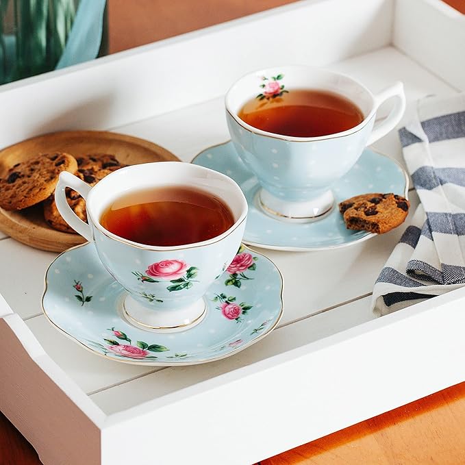 BTaT- Floral Tea Cups and Saucers Set of 8 (8 oz), Porcelain Tea Cup Sets, Assorted Colors with Gold Trim & Gift Box, Dishwasher Safe