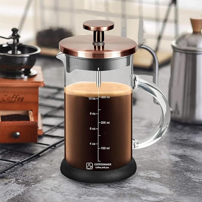 French Press Coffee Maker 12 Ounce Espresso Tea Coffee Maker with 4 Filters System, Stainless Steel Plunger and Heat Resistant Borosilicate Glass BPA-Free Brewed Tea Pot Coffee Plunger