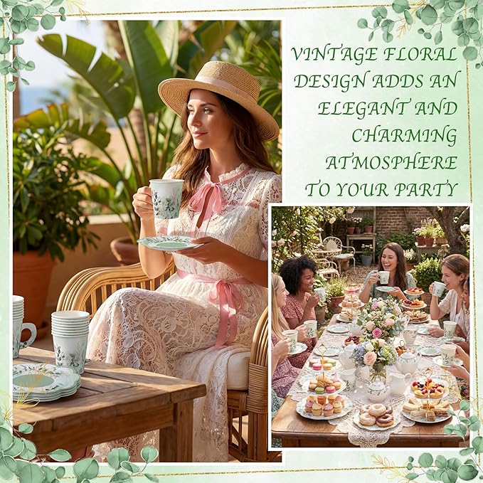 24 Sets Tea Party Cups 7 OZ Disposable Paper Tea Cups with Handle and Plates Teacups and Saucer Sets for Baby Bridal Shower Wedding Birthday(Sage Green)
