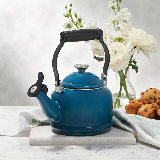 Le Creuset Enamel On Steel Demi Tea Kettle with Metal Finishes, 1.25 qt., Flame