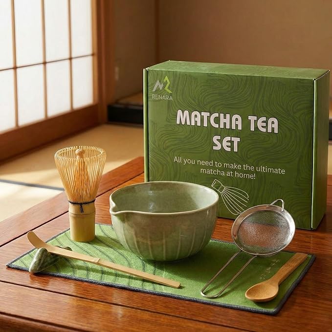 Matcha Whisk Set 9 Pcs | 19oz Ceramic Matcha Bowl with Bamboo Whisk & Holder, Sifter, Chashaku Scoop, Wooden Spoon, Scoop Rest, Tea Towel & Gift Box | Complete Matcha Set Kit for Matcha Lovers
