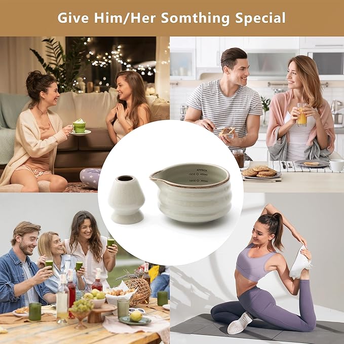 2pcs Matcha Bowl with Whisk Holder, Ceramic Grey Matcha Bowl with Spout, 16.5OZ Porcelain Bowl with Measurement Marks, Tea Mixing Bowl with Whisk Stand, Matcha Gift Set (grey)