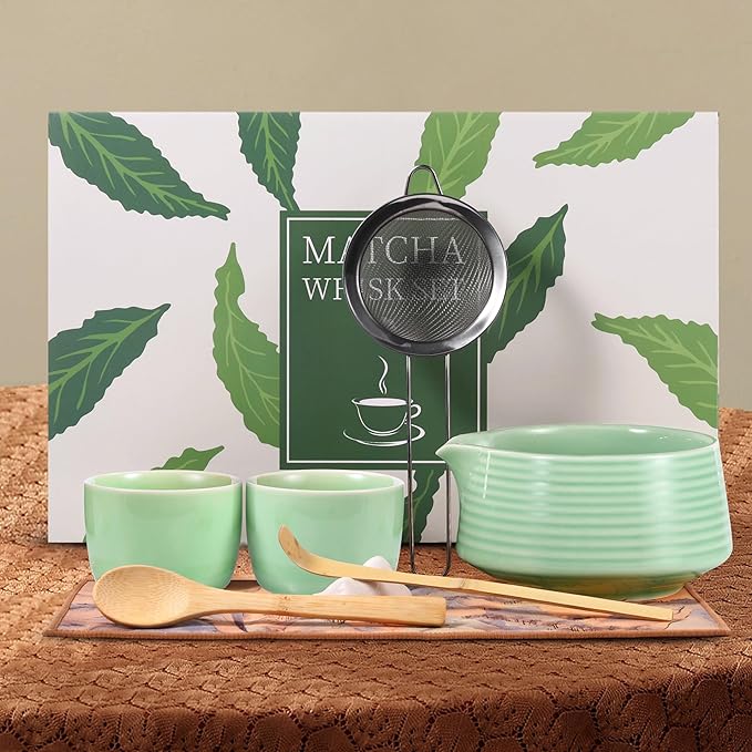 HELPLX Matcha Whisk Set, 10-Piece Japanese Matcha Kit with Bowl, Whisk & Holder, 2 Tea Cups, Bamboo Scoop, Spoon, Sifter, Scoop Rest & Tea Towel – Green Matcha Tea Set for Ceremony or Daily Use