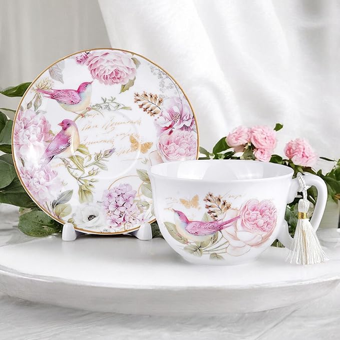 STP GOODS Bone China Tea/Coffee Cup and Saucer in Gift Box Fine Set of One (Birds in Rose Garden)