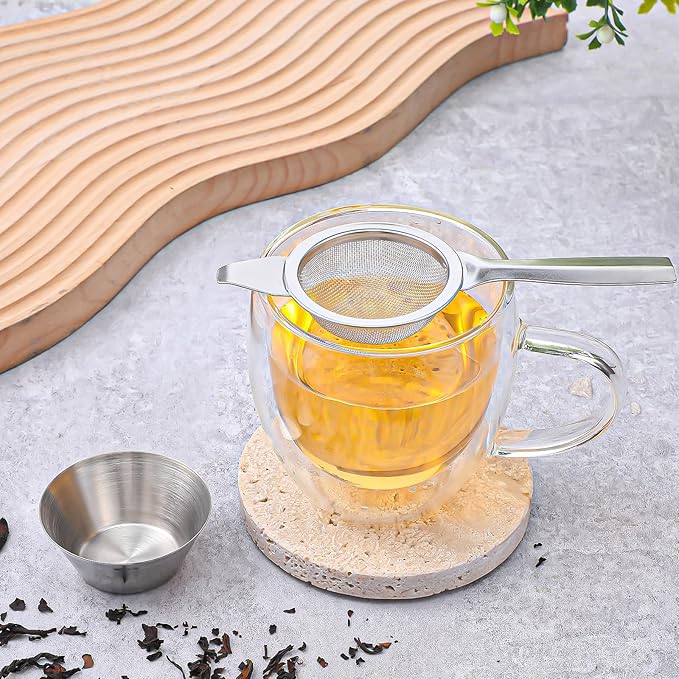 TIESOME 2.2" Silver Matcha Sifter Strainer, 30 Fine Mesh Mini Strainer for Tea with Handle and Base Stainless Steel Small Tea Strainer for Loose Coffee Cocktail with Base (Silver)