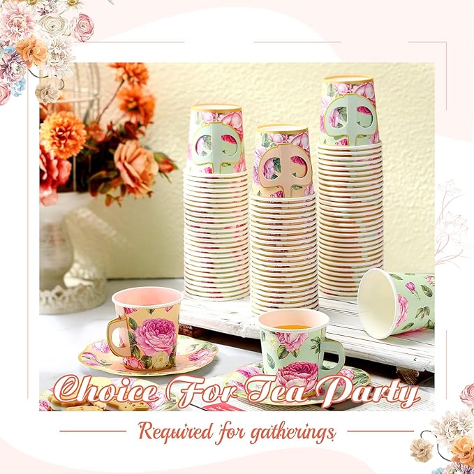 Umigy 36 Sets Tea Party Decorations 6.5 oz Floral Paper Tea Cups with Plates Disposable Blossom Teacups and Saucers Sets for Girls Women Birthday Party Supplies(Vintage Style,36 Pcs)