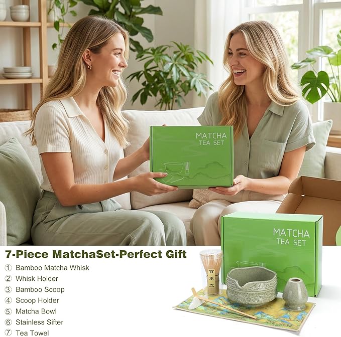 7Pcs Matcha Whisk Set, Ceramic Matcha Bowl with Spout, Bamboo Whisk and Holder,Bamboo Scoop,Scoop Rest,Sifter,Tea Towel,Matcha Kit with Cherry Blossom Carved Patterns (Sakura Green)