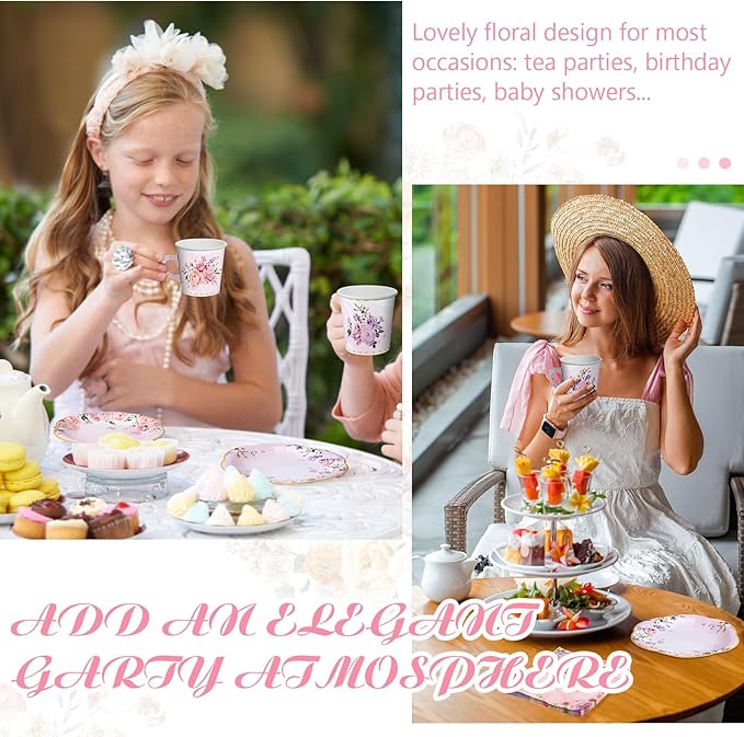 Umigy 60 Sets Tea Party Decorations 6.5 oz Floral Paper Tea Cups with Plates Paper Napkins Disposable Blossom Teacups and Saucers Sets for Girls Kid Birthday Garden Wedding Party Supplies(Graceful)
