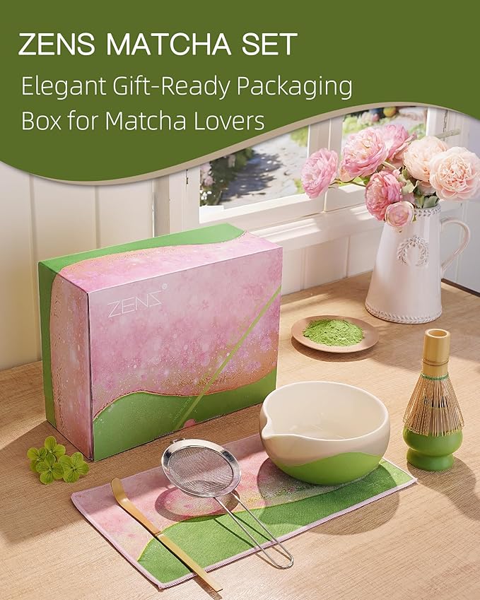 ZENS Matcha Whisk Set, 6pcs Matcha Kit Set, Matcha Bowl with Spout, Handcrafted Bamboo Whisk & Scoop, Chasen Holder, 304 Sifter & Tea Mat, Ideal Gift for Matcha Lovers, Birthday-Green