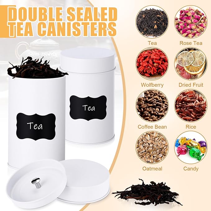 Tanlade 3 Pcs Tea Tin Canister with Airtight Double Lids, 14 oz Tea Containers with 1 Erasable Chalk Marker and 16 Stickers Tin Can Box for Loose Leaf Coffee Sugar Candy Spices