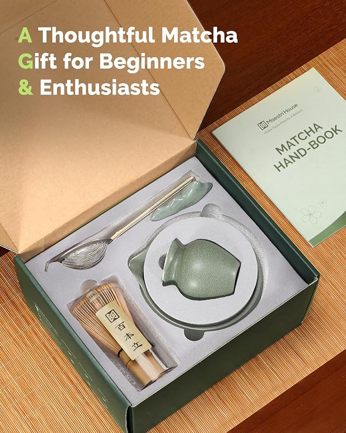 Maestri House Matcha Whisk Set, 7-Pc Complete Matcha Kit with Spouted Ceramic Bowl, Bamboo Whisk and Holder, Scoop, Spoon Rest & Sifter, Tea Cloth – Ideal Gift for Matcha Lovers (Moss-Green)
