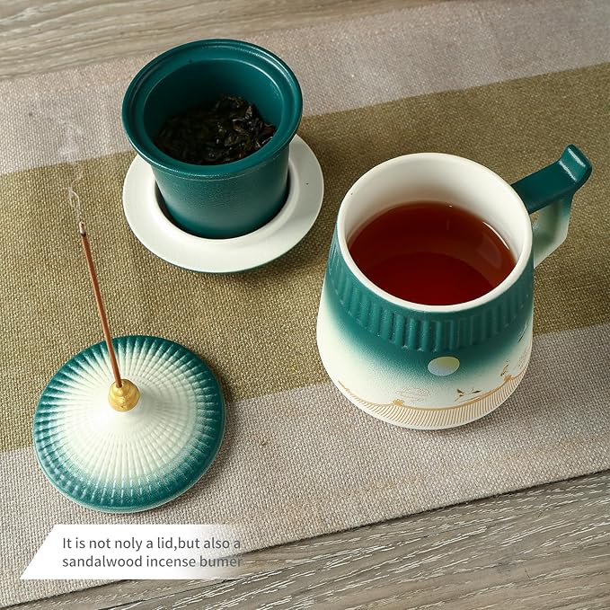 Tea Cup with Infuser and Lid,Loose Leaf Tea Steeper Cup 14.8oz Ceramic tea Infuser Mug Travel Large Steeping Cup Diffusers Mugs with Fine Strainer and Handle (White&Green)