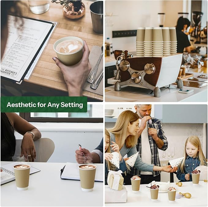 12 oz Compostable Coffee Cups 120 Pack, BPI Certified Double Wall Insulated Hot Cups, PLA Coated Natural Kraft Paper Cups for Office, Coffee Bar & Travel