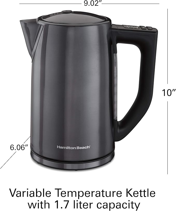 Hamilton Beach Temperature Control Electric Tea Kettle, Water Boiler & Heater, 1.7L, Cordless, LED Indicator, Auto-Shutoff, Keep Warm & Boil-Dry Protection, Black Stainless Steel (41027)