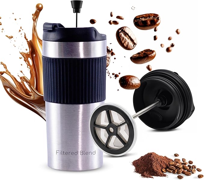 15oz Double Wall Stainless Steel Insulated French Press Coffee and Tea Maker - Portable Camping Mug and Tumbler - Heat Retaining, Leak-Proof, Travel-Friendly for Office and Outdoor Adventures (Silver)