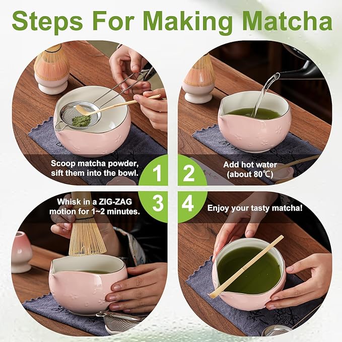 Clay&Fire Matcha Whisk Set, 9 pcs Ceramic Matcha Set, Gifts for Women,Matcha Bowl with Spout and Whisk, Matcha Kit for Matcha Lovers, Ideal Gift Christmas, Birthday, Anniversary (Cherry Bloom-Pink)
