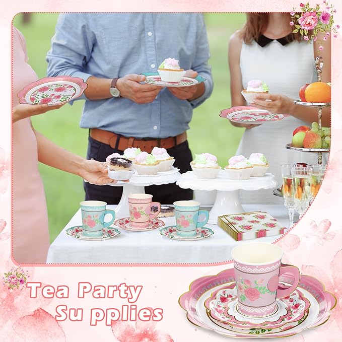 24 Sets Floral Paper Tea Cups and Saucers Disposable Tea Party Decorations 9 Inch Paper Plate, Saucer, Napkin, 9 oz Cups with Handle for Party Supplies (Floral)