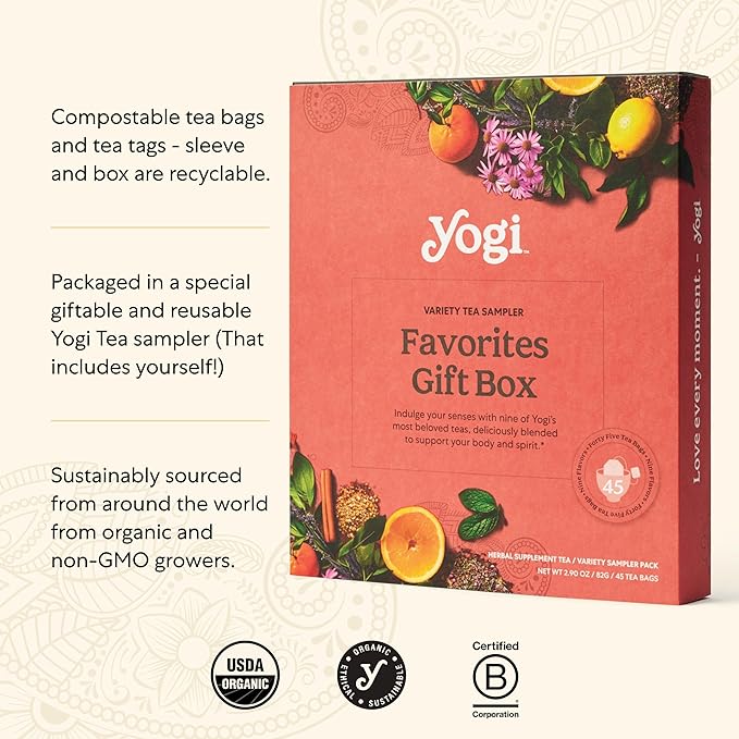 Yogi Organic Tea Sampler Gift Box (45 Tea Bags) Assorted Delicious Wellness Blends - 9 Favorite Herbal, Green & Black Varieties | Gift Box, 9 Favorite, Assorted, Delicious, Wellness Teas