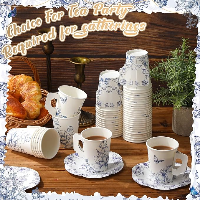 Tioncy 100 Pcs Tea Party Decorations Include 50 Pieces 9 oz Paper Tea Cups with Handle and 50 Plates Disposable Teacups and Saucers Sets for Birthday(Blue and White Floral)