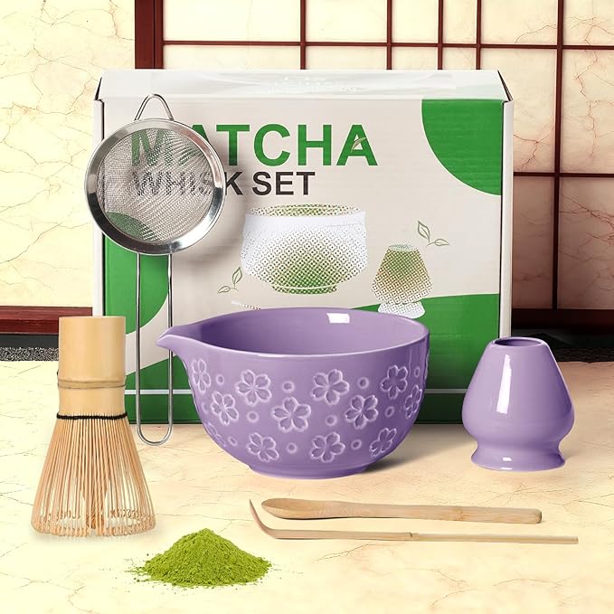 Matcha Whisk Tea Set Kit: Japanese Matcha Kit - Ceramic Bowl Bamboo Whisk Chasen Holder spoon Measuring Scoop Sifter - Traditional Practical for Tea Ceremony Breakfast Lattes - Home Kitchen Christmas