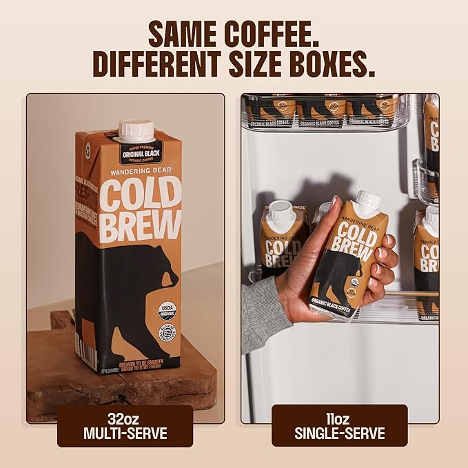 Wandering Bear Straight Black Organic Cold Brew Coffee On Tap, Iced Coffee Drink - Extra Strong, Smooth, No Sugar Added, Shelf-Stable, Ready to Drink & Vegan, 100% Organic - 16 Servings of 6fl.oz - 96fl.oz
