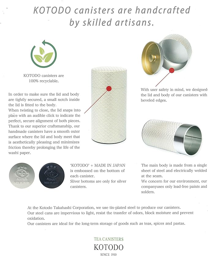 KOTODO Washi Paper Tea Tin Canister: Long 7oz (200g) Purple backdrop with white paisley (#136), Japan