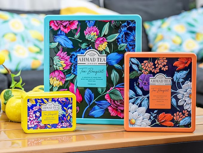Ahmad Tea Floral Tea Tin Gift, Yellow Caddy, English Breakfast, 10 Tea Bags