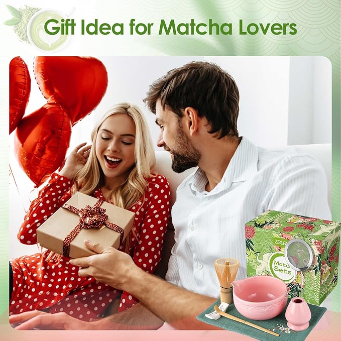 Matcha Whisk Set, ZBUFAN 7 Pcs Pink Matcha Kit with Bamboo Whisk(Chasen) and Holder, Ceramic Matcha Bowl with Spout, Japanese Tea Set with Matcha Sifter and Scoop