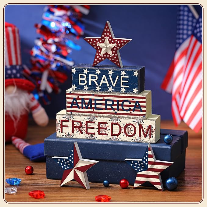 Geelin 6 Pieces 4 of July Table Decorations Patriotic Memorial Day Wooden Block Signs Red White Blue Tabletop Centerpieces Farmhouse Independence Day Tiered Tray Decor for Home 250th Anniversary