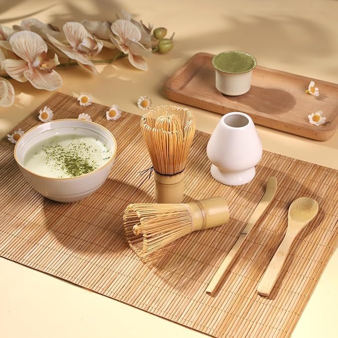 Matcha Whisk with Matcha Whisk Holder Bamboo Whisk Scoop Spoon Unique Gifts for Women Men Girl Friend Home Kitchen Decor Gifts for Tea Enthusiasts White