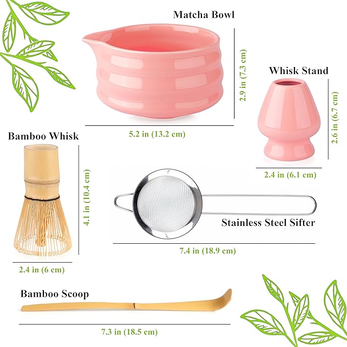Matcha Whisk Set- Matcha Set includes Matcha Whisk and Bowl with Spout, Sifter, Holder and Scoop- The Perfect Bamboo Whisk for Matcha Tea (Pink)