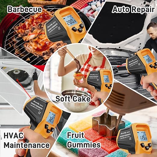 Infrared Thermometer Laser Temperature Gun -58℉ to 1112℉,with Cal Calibration and Adjustable Emissivity,Min& Max Measure,for Cooking,Oven,Meat Food,HVAC,Appliance(Yellow)