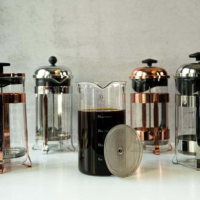 French Press Replacement Glass with Steel Filters by Cafe Crush Club - Fire Hardened Borosilicate Beaker - 34 Ounce | 1 Liter Size with White Measures