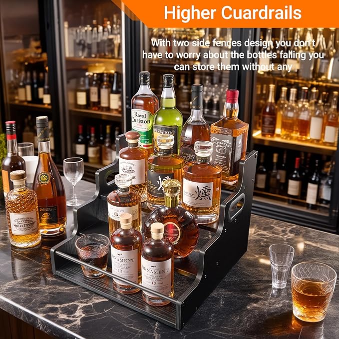 YQBRAO 4-Tier Liquor Bottle Display Shelf, Coffee Syrup Rack Organizer, Water Bottle Organizer, Mini Bar Cabinet, Rustic Bar Shelves for Liquor Whiskey, Spirits(Black)