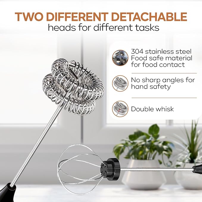 Handheld Milk Frother Wand Rechargeable with Stand - Double Whisk Milk Frother Handheld -3 Speed Levels- Coffee Stirrers Electric Drink Mixer - Coffee Frother Handheld (Upgraded - Black with Stand)