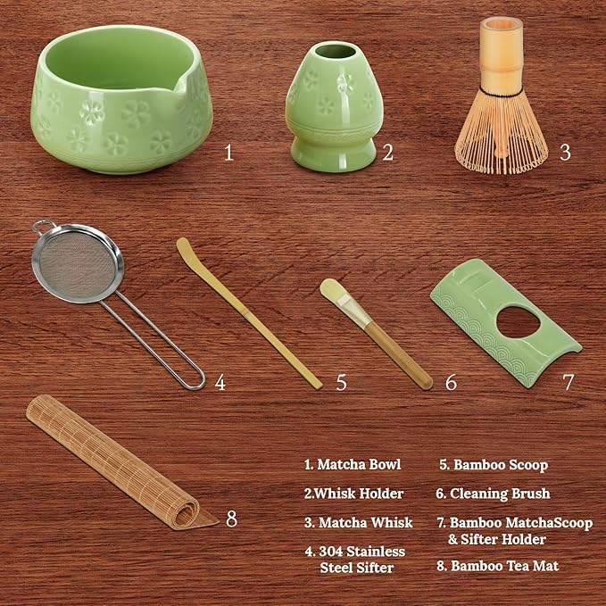 8 Pcs Matcha Whisk Set: Matcha Bowl, Whisk and Holder, Cleaning Brush, Bamboo Scoop, 304 Sifter, Tool Holder, Tea Mat – Matcha Set Kit Gifts for Women, Mom, Valentines Day (Green)