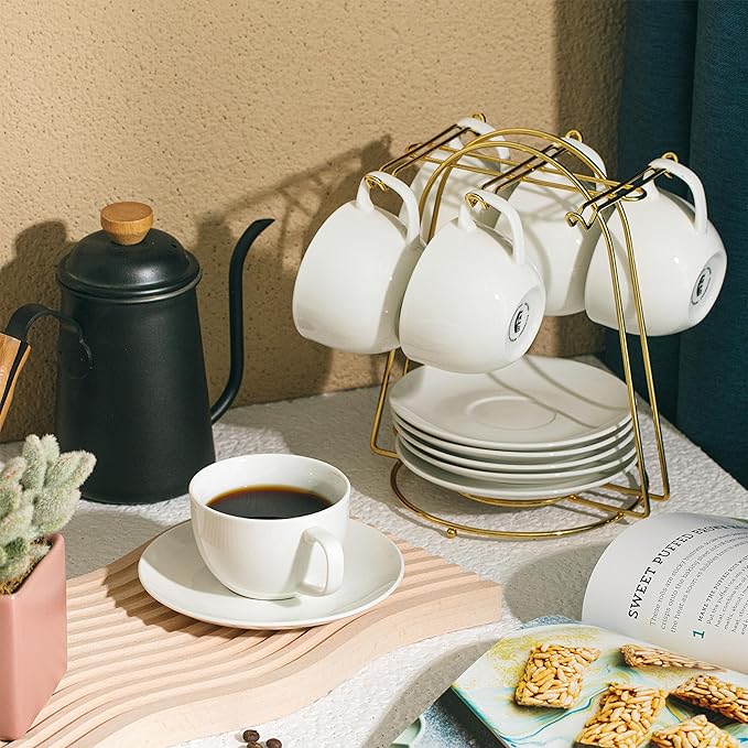 BTaT- Cappuccino Cups with Saucers 8 oz, Set of 12, White Porcelain Coffee Cup and Saucer Set for Latte, Mocha, Tea, Au Lait, Flat White, Dishwasher, Microwave, Freezer and Oven Safe