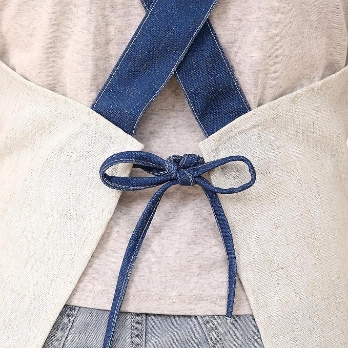 patdrea Blue Floral Linen Apron with Pocket,French Kitchen Garden Chef BBQ Aprons for Women and Men,Crisscross Back Straps - Image 8